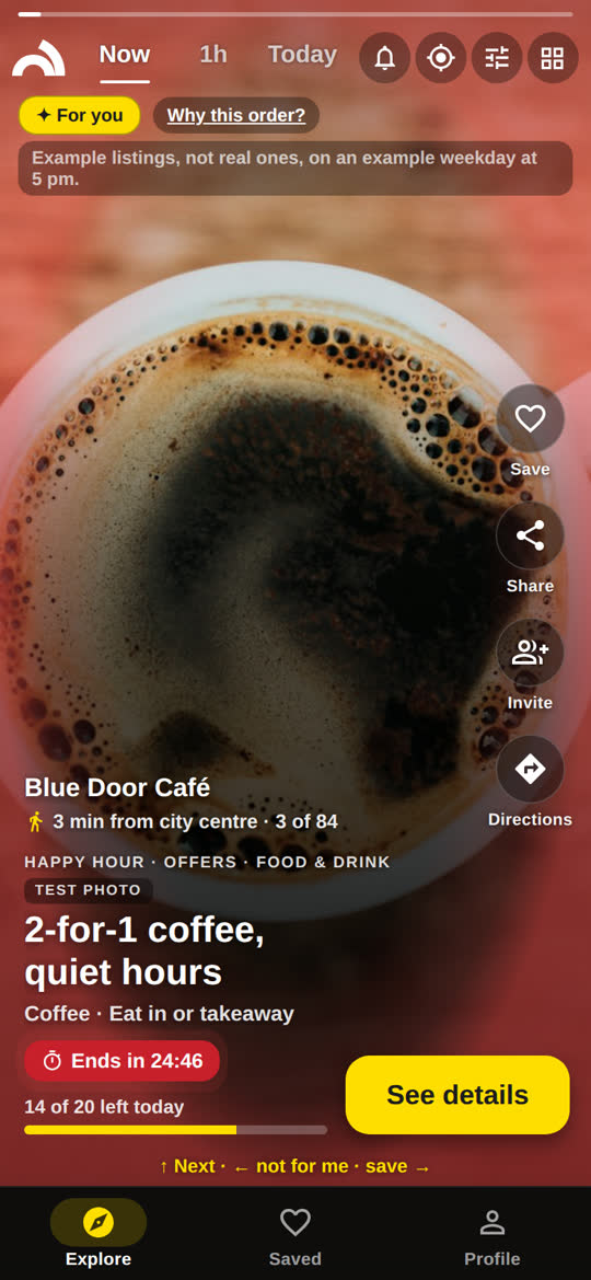 A story in the app: Blue Door Café, 3 minutes from the city centre, 2-for-1 coffee in the quiet hours.