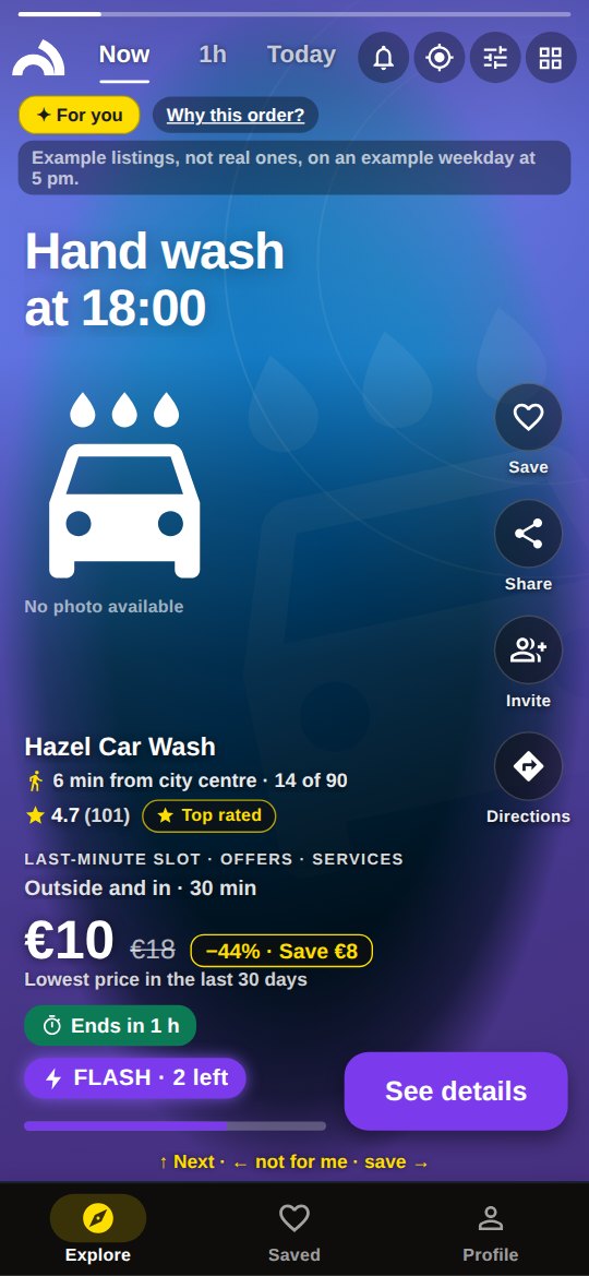 Story from Hazel Car Wash, in the app’s designed card for an offer without a photo: a last-minute slot, hand wash at 18:00, €10 instead of €18, 2 left.