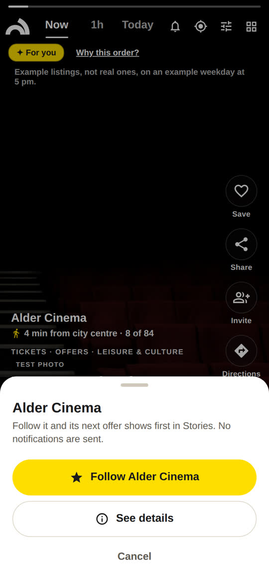 The Follow sheet over a story: Follow Alder Cinema, its next offer shows first in Stories, no notifications are sent.