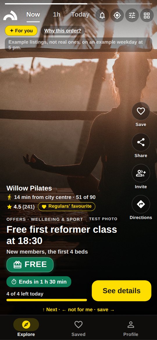 Story from Willow Pilates: a free first reformer class at 18:30 for new members, 4 of 4 places left.